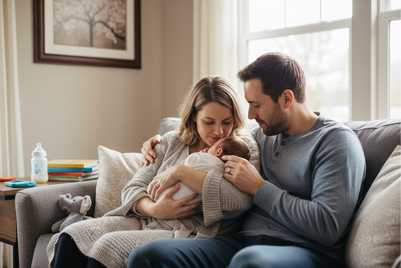 Jeune couple assis sur un canapé dans un salon lumineux, tenant tendrement leur nouveau-né dans leurs bras, dans une atmosphère calme et chaleureuse.