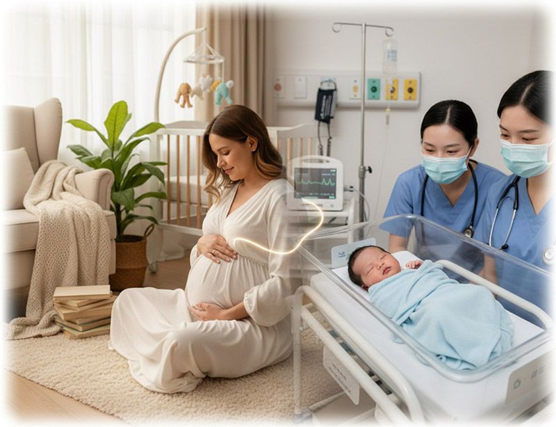 Illustration symbolique du parcours de la maternité : une femme enceinte assise sereinement dans un intérieur chaleureux, reliée visuellement à une scène hospitalière où un nouveau-né repose dans un berceau sous la surveillance de professionnelles de santé