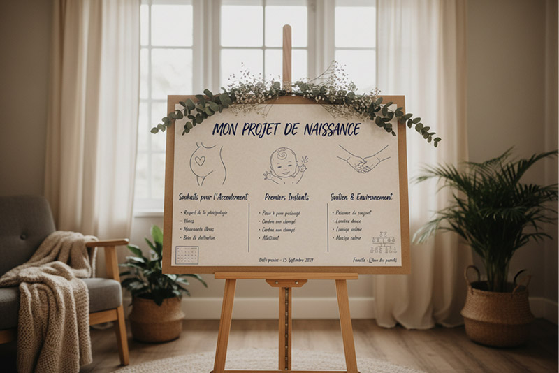 «Panneau “Mon projet de naissance” posé sur un chevalet en bois dans un intérieur lumineux, présentant un plan de naissance avec illustrations du bébé, du corps maternel et du soutien parental, décoré de feuillage naturel