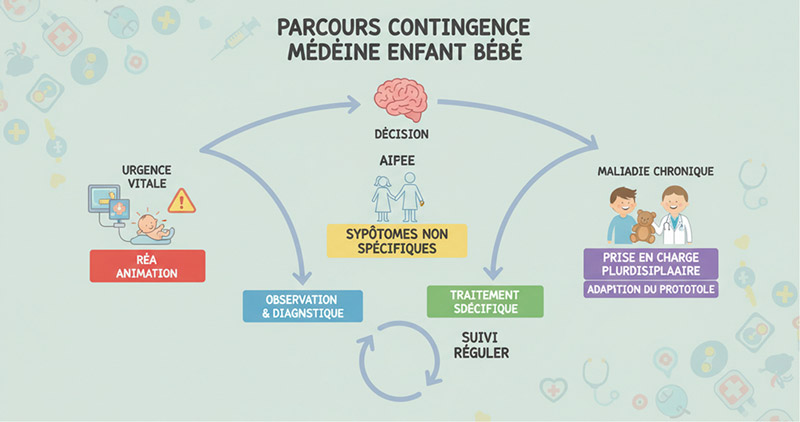 Infographie médicale montrant le parcours de prise en charge de la continence chez le bébé/enfant, avec schémas de décision, observation diagnostique, traitement non spécifique et prise en charge pluridisciplinaire pour maladie chronique.